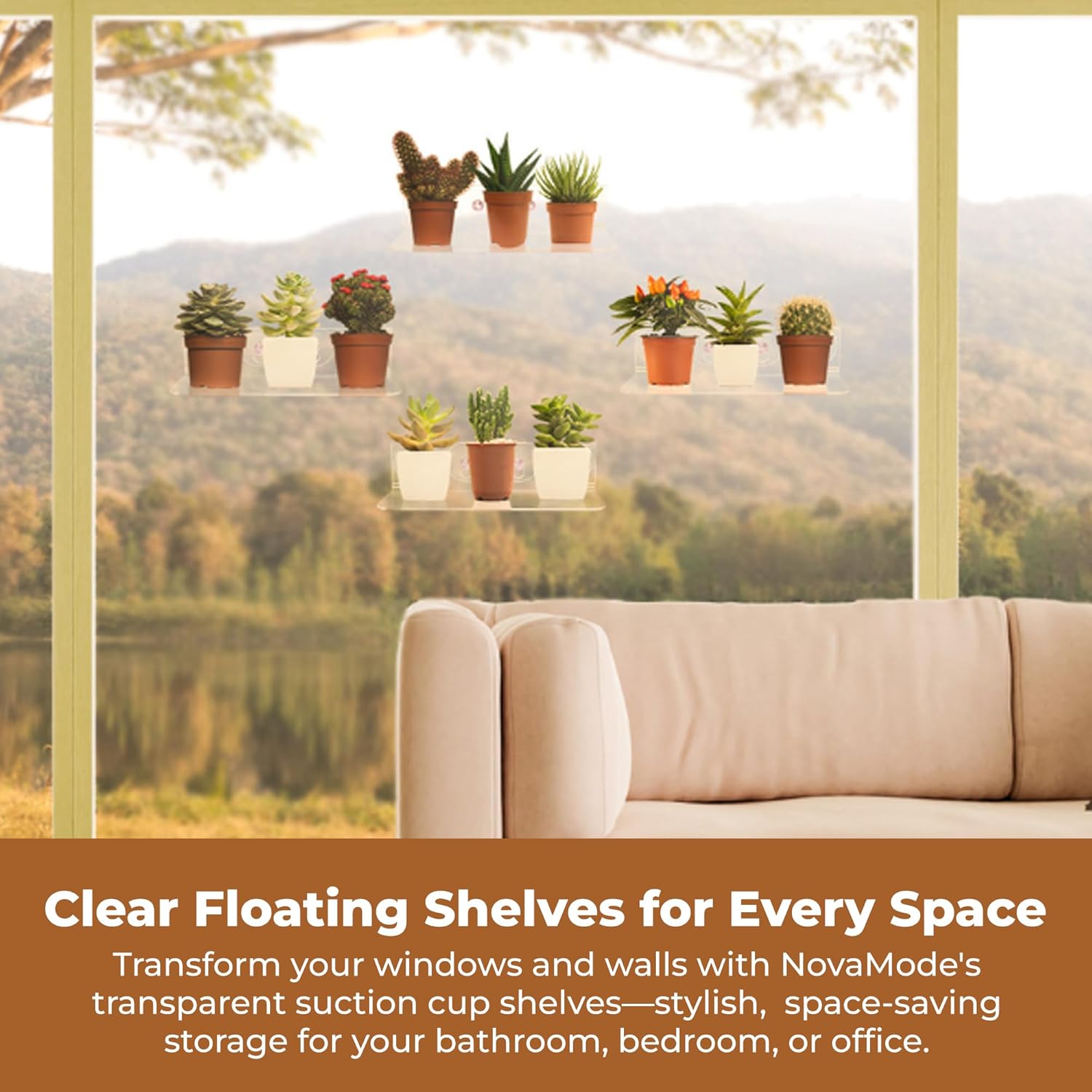 NovaMode - 3 pack Window Plant Floating Shelves, 12 inch Acrylic Suction Cup Shelf, Window Sill Extender for Indoor Succulent Plants, Micro Greens, Seed Starter Pots, Herb Planters for Window Gardens, Storage Organizer for Bathroom, Bedroom, Display - Cle